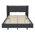 Lit plateforme queen-size en velours beige/gris avec éclairage LED RVB sous le lit – 2 places