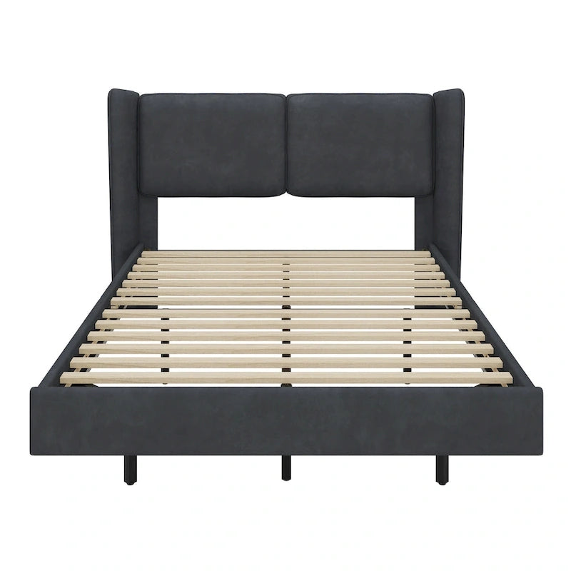 Lit plateforme queen-size en velours beige/gris avec éclairage LED RVB sous le lit – 2 places