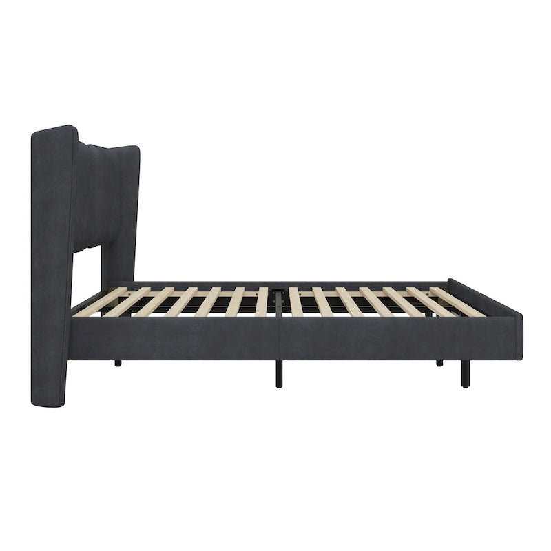 Lit plateforme queen-size en velours beige/gris avec éclairage LED RVB sous le lit – 2 places