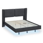 Lit plateforme queen-size en velours beige/gris avec éclairage LED RVB sous le lit – 2 places