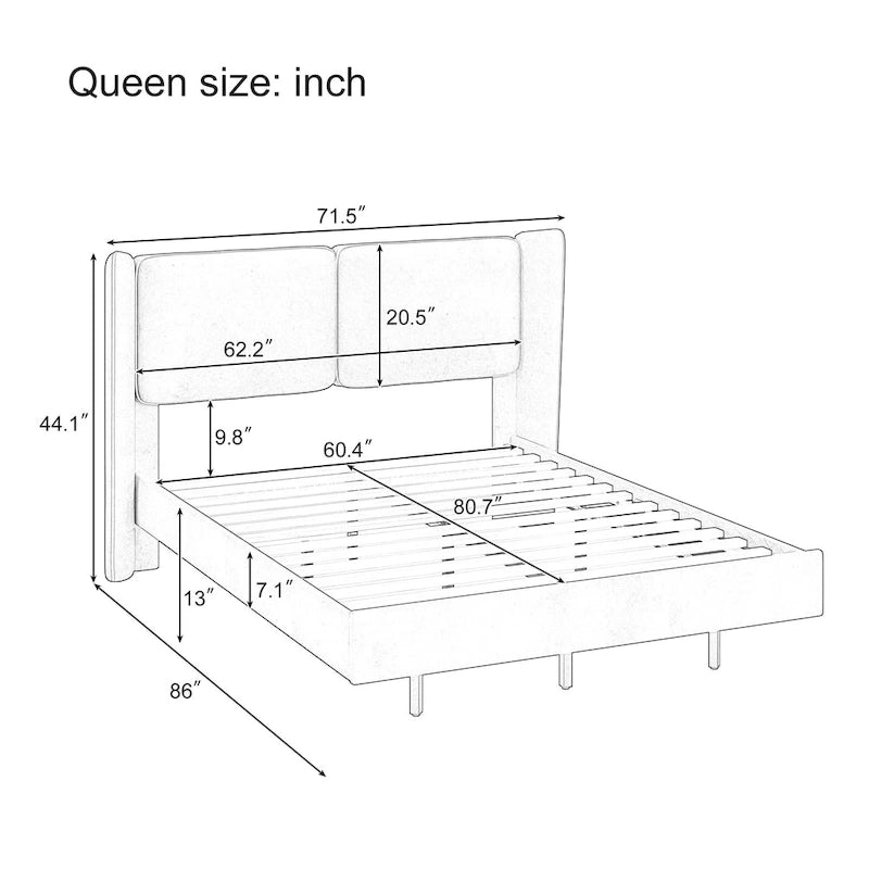 Lit plateforme queen-size en velours beige/gris avec éclairage LED RVB sous le lit – 2 places