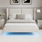Lit plateforme queen-size en velours beige/gris avec éclairage LED RVB sous le lit – 2 places