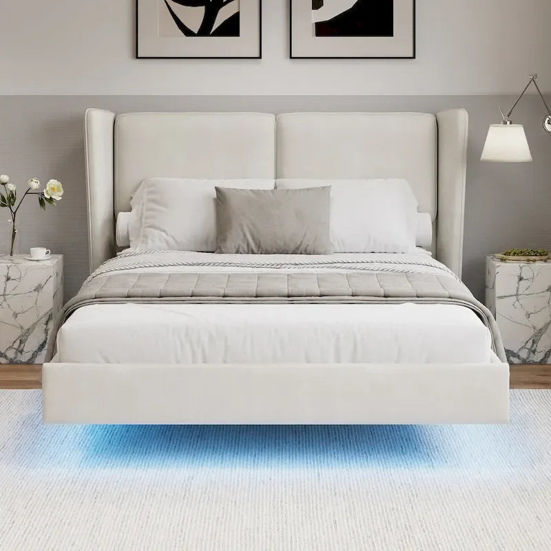 Lit plateforme queen-size en velours beige/gris avec éclairage LED RVB sous le lit – 2 places