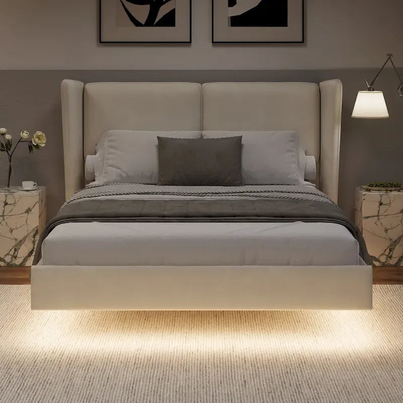 Lit plateforme queen-size en velours beige/gris avec éclairage LED RVB sous le lit – 2 places