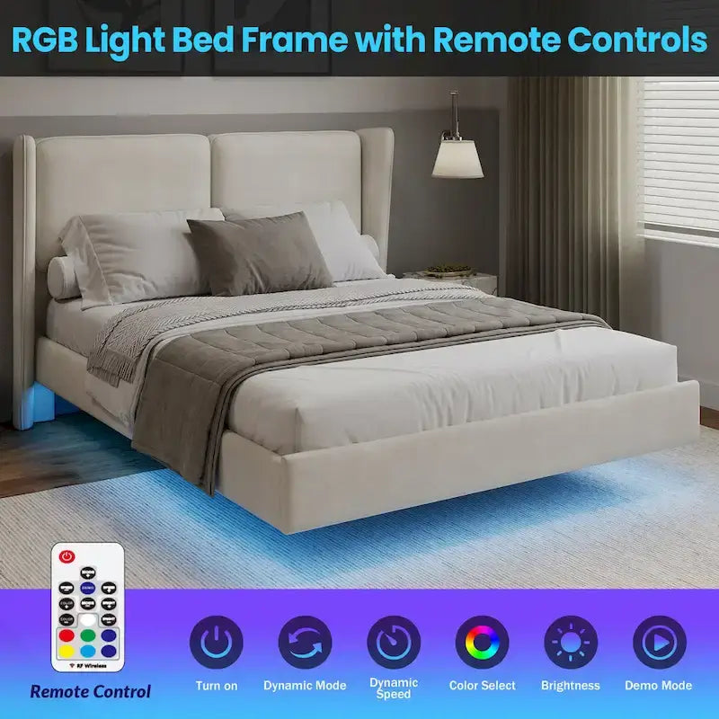 Lit plateforme queen-size en velours beige/gris avec éclairage LED RVB sous le lit – 2 places