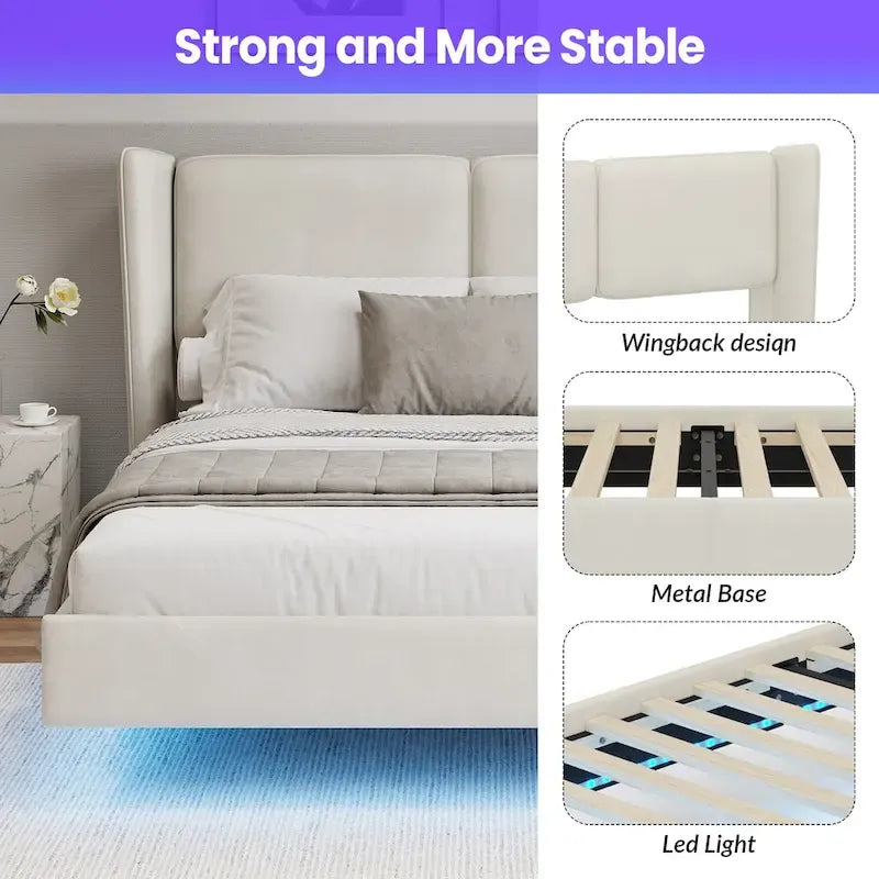 Lit plateforme queen-size en velours beige/gris avec éclairage LED RVB sous le lit – 2 places