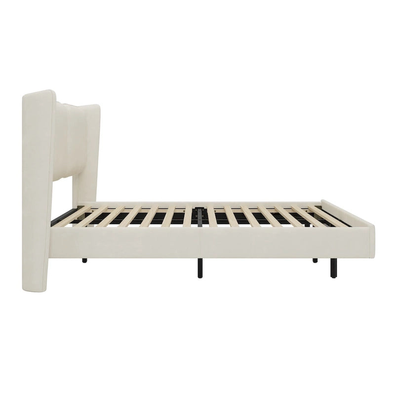 Lit plateforme queen-size en velours beige/gris avec éclairage LED RVB sous le lit – 2 places