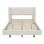 Lit plateforme queen-size en velours beige/gris avec éclairage LED RVB sous le lit – 2 places