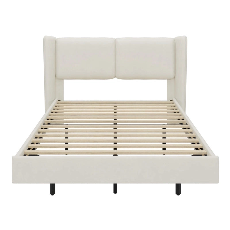 Lit plateforme queen-size en velours beige/gris avec éclairage LED RVB sous le lit – 2 places
