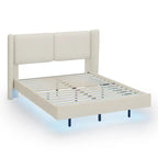 Lit plateforme queen-size en velours beige/gris avec éclairage LED RVB sous le lit – 2 places