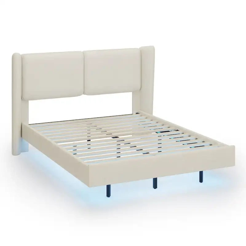 Lit plateforme queen-size en velours beige/gris avec éclairage LED RVB sous le lit – 2 places