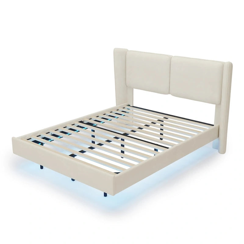 Lit plateforme queen-size en velours beige/gris avec éclairage LED RVB sous le lit – 2 places