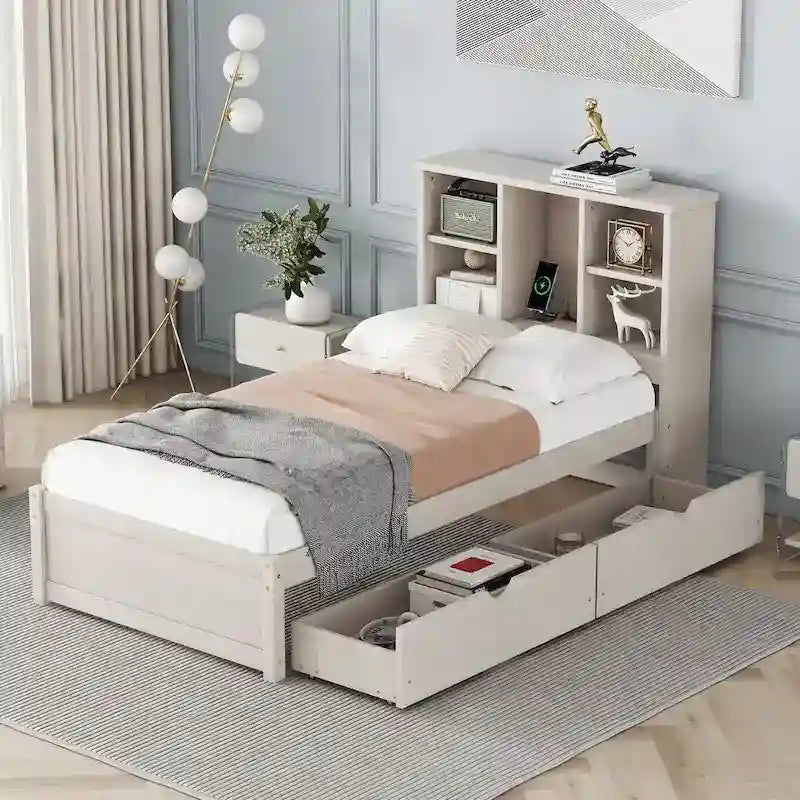 Lit jumeau noyer/gris/blanc délavé avec tête de lit bibliothèque, port USB et 2 tiroirs – Lit simple