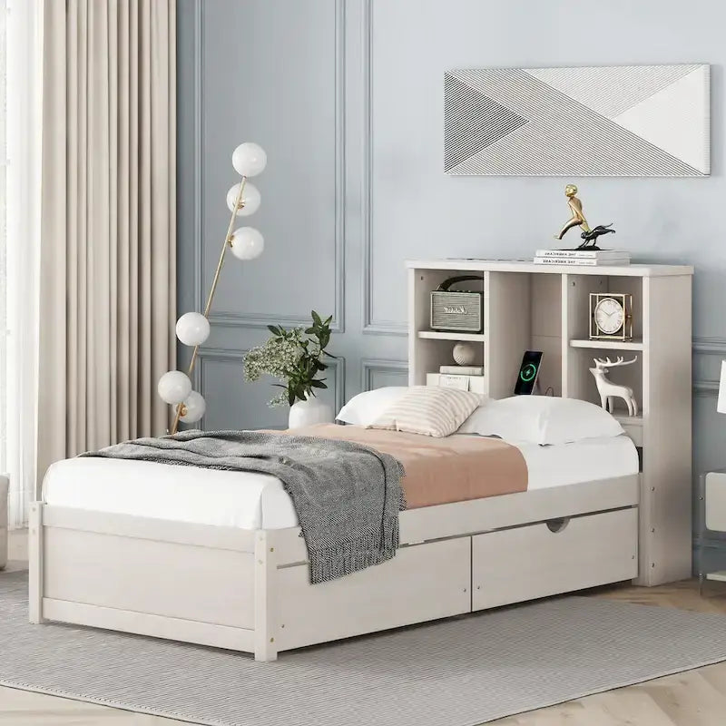 Lit jumeau noyer/gris/blanc délavé avec tête de lit bibliothèque, port USB et 2 tiroirs – Lit simple