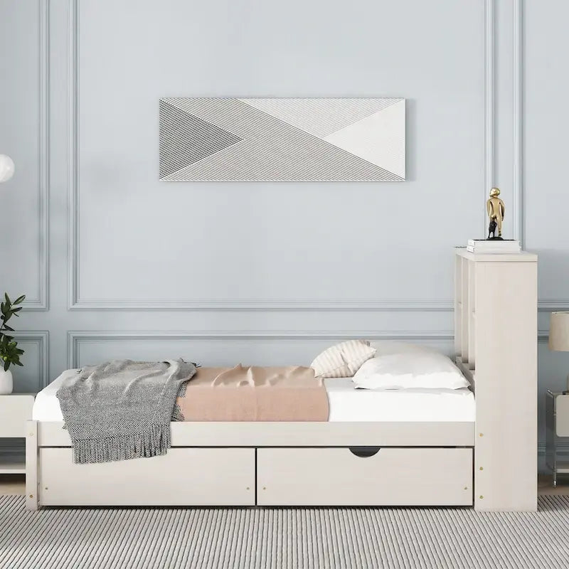 Lit jumeau noyer/gris/blanc délavé avec tête de lit bibliothèque, port USB et 2 tiroirs – Lit simple
