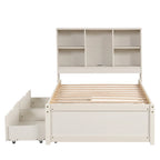 Lit jumeau noyer/gris/blanc délavé avec tête de lit bibliothèque, port USB et 2 tiroirs – Lit simple