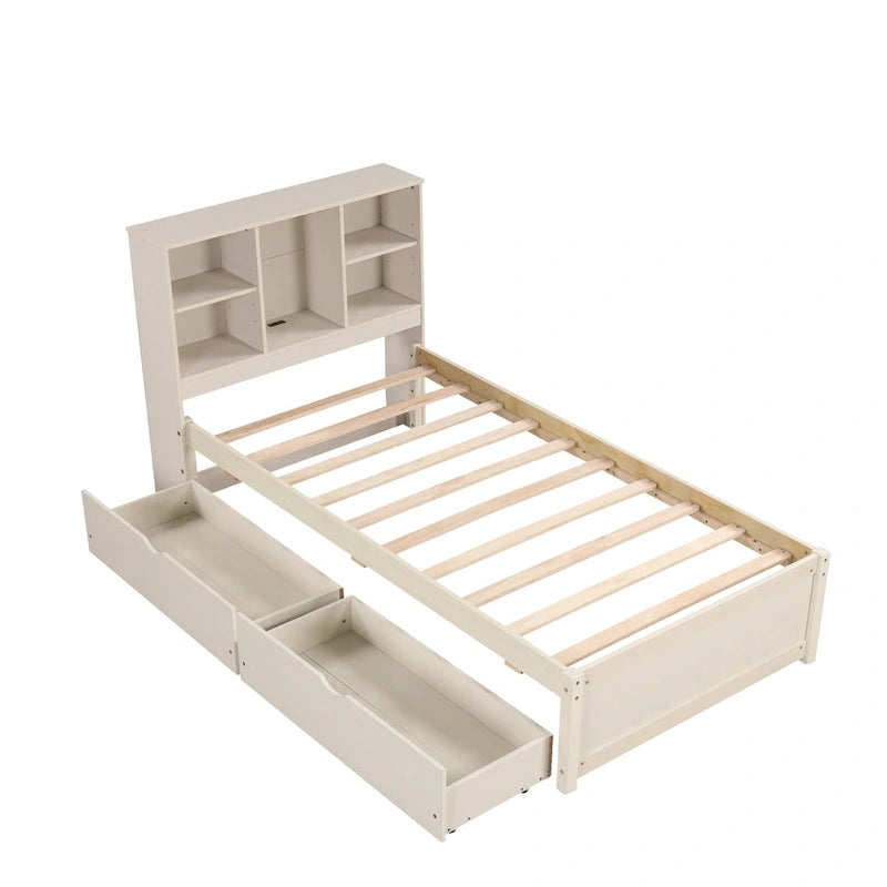 Lit jumeau noyer/gris/blanc délavé avec tête de lit bibliothèque, port USB et 2 tiroirs – Lit simple