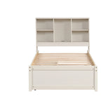 Lit jumeau noyer/gris/blanc délavé avec tête de lit bibliothèque, port USB et 2 tiroirs – Lit simple