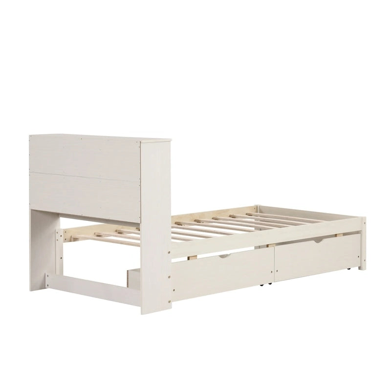 Lit jumeau noyer/gris/blanc délavé avec tête de lit bibliothèque, port USB et 2 tiroirs – Lit simple