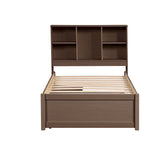 Lit jumeau noyer/gris/blanc délavé avec tête de lit bibliothèque, port USB et 2 tiroirs – Lit simple