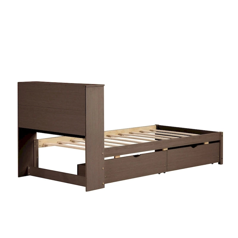 Lit jumeau noyer/gris/blanc délavé avec tête de lit bibliothèque, port USB et 2 tiroirs – Lit simple