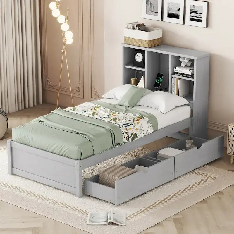 Lit jumeau noyer/gris/blanc délavé avec tête de lit bibliothèque, port USB et 2 tiroirs – Lit simple