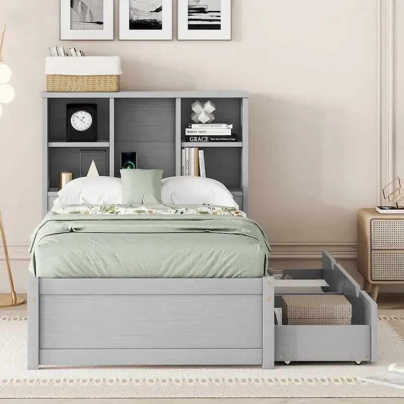 Lit jumeau noyer/gris/blanc délavé avec tête de lit bibliothèque, port USB et 2 tiroirs – Lit simple