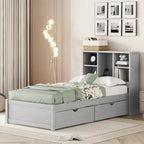 Lit jumeau noyer/gris/blanc délavé avec tête de lit bibliothèque, port USB et 2 tiroirs – Lit simple