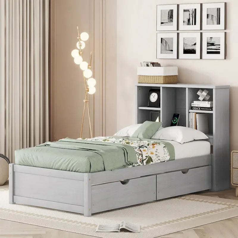 Lit jumeau noyer/gris/blanc délavé avec tête de lit bibliothèque, port USB et 2 tiroirs – Lit simple