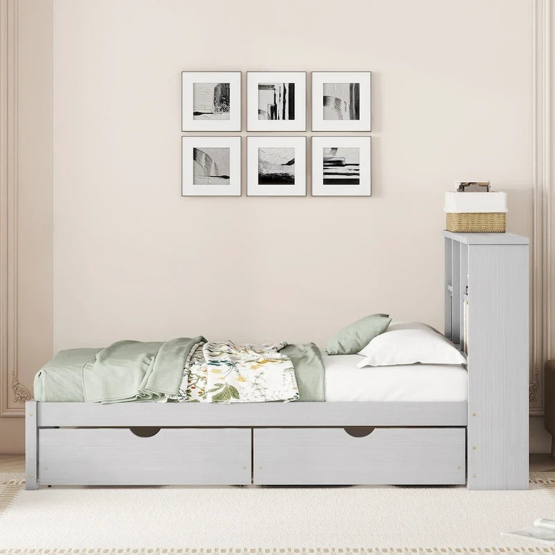 Lit jumeau noyer/gris/blanc délavé avec tête de lit bibliothèque, port USB et 2 tiroirs – Lit simple