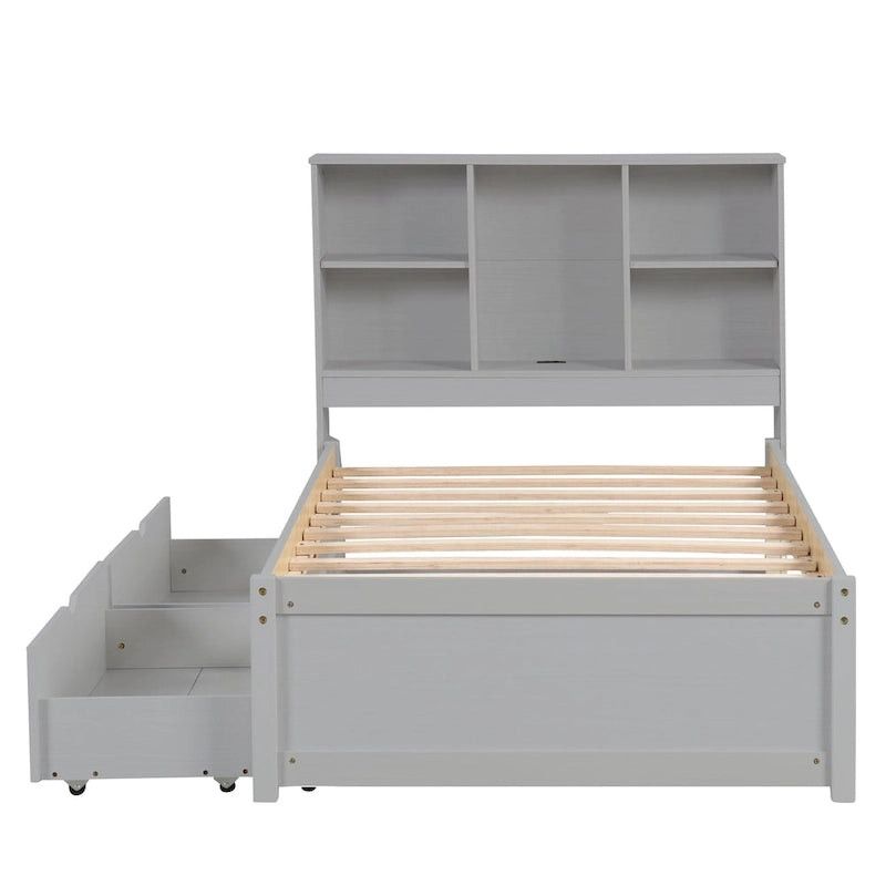 Lit jumeau noyer/gris/blanc délavé avec tête de lit bibliothèque, port USB et 2 tiroirs – Lit simple