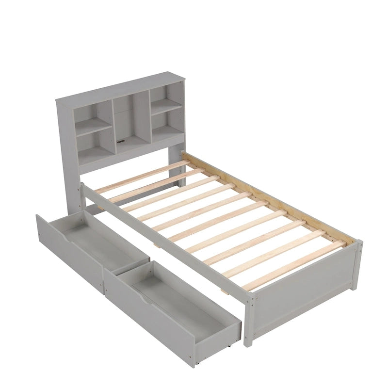 Lit jumeau noyer/gris/blanc délavé avec tête de lit bibliothèque, port USB et 2 tiroirs – Lit simple