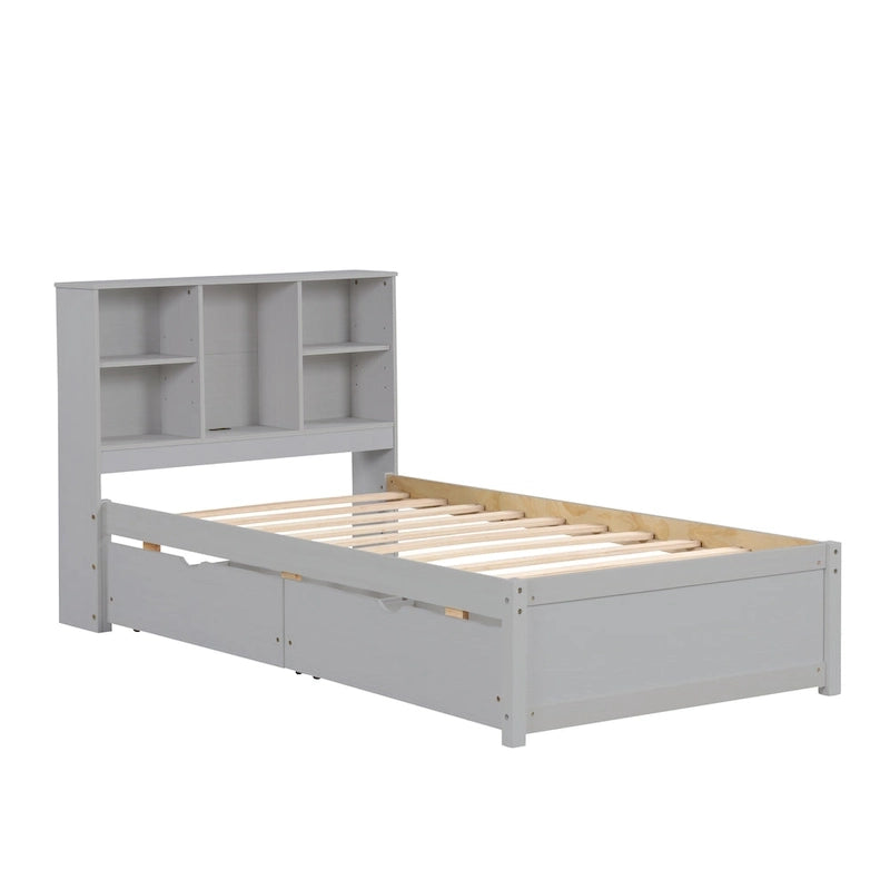 Lit jumeau noyer/gris/blanc délavé avec tête de lit bibliothèque, port USB et 2 tiroirs – Lit simple
