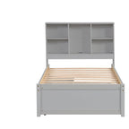 Lit jumeau noyer/gris/blanc délavé avec tête de lit bibliothèque, port USB et 2 tiroirs – Lit simple