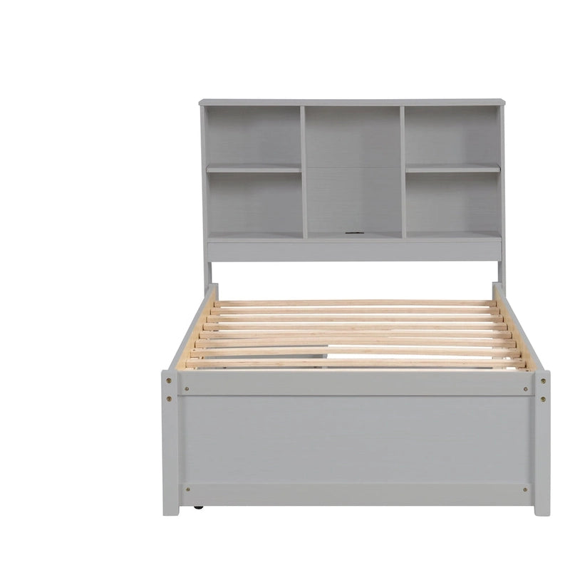 Lit jumeau noyer/gris/blanc délavé avec tête de lit bibliothèque, port USB et 2 tiroirs – Lit simple