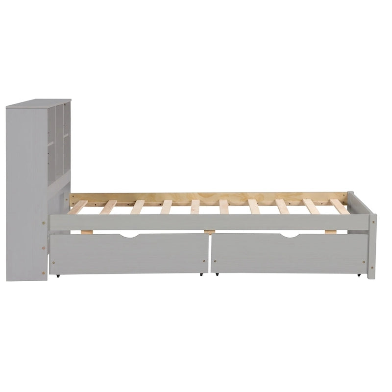 Lit jumeau noyer/gris/blanc délavé avec tête de lit bibliothèque, port USB et 2 tiroirs – Lit simple