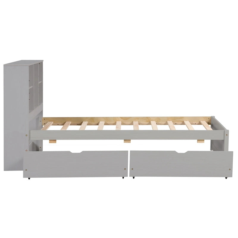 Lit jumeau noyer/gris/blanc délavé avec tête de lit bibliothèque, port USB et 2 tiroirs – Lit simple