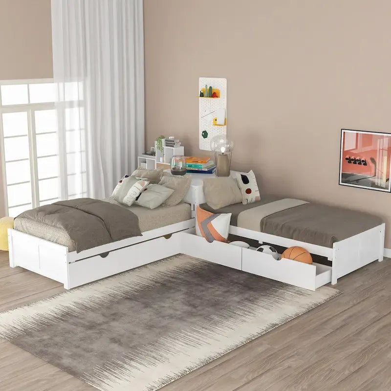 Lit superposé jumeau en bois massif blanc en forme de L avec lit gigogne, table intégrée et 2 tiroirs – 3 couchages