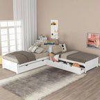 Lit superposé jumeau en bois massif blanc en forme de L avec lit gigogne, table intégrée et 2 tiroirs – 3 couchages
