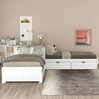Lit superposé jumeau en bois massif blanc en forme de L avec lit gigogne, table intégrée et 2 tiroirs – 3 couchages