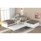 Lit superposé jumeau en bois massif blanc en forme de L avec lit gigogne, table intégrée et 2 tiroirs – 3 couchages