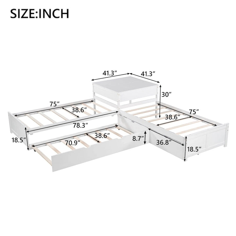 Lit superposé jumeau en bois massif blanc en forme de L avec lit gigogne, table intégrée et 2 tiroirs – 3 couchages