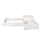 Lit superposé jumeau en bois massif blanc en forme de L avec lit gigogne, table intégrée et 2 tiroirs – 3 couchages