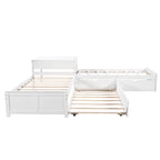 Lit superposé jumeau en bois massif blanc en forme de L avec lit gigogne, table intégrée et 2 tiroirs – 3 couchages