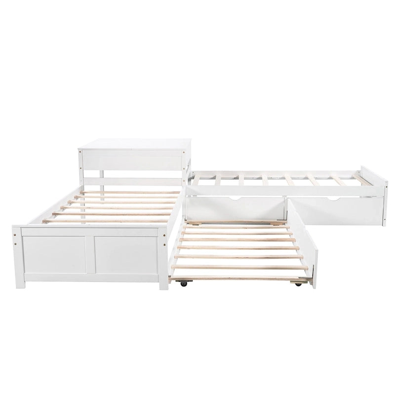 Lit superposé jumeau en bois massif blanc en forme de L avec lit gigogne, table intégrée et 2 tiroirs – 3 couchages