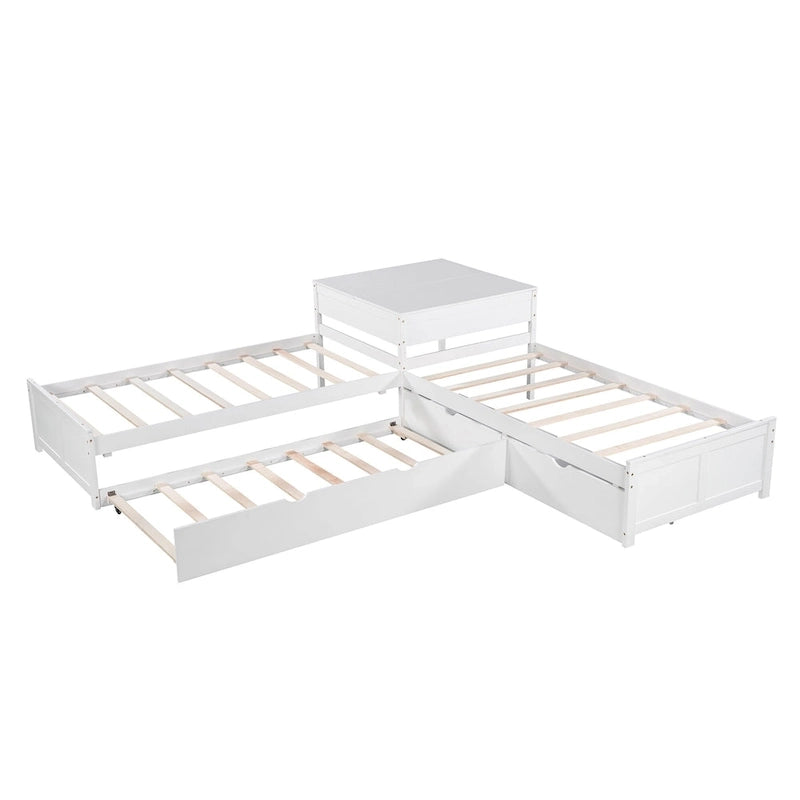 Lit superposé jumeau en bois massif blanc en forme de L avec lit gigogne, table intégrée et 2 tiroirs – 3 couchages