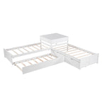 Lit superposé jumeau en bois massif blanc en forme de L avec lit gigogne, table intégrée et 2 tiroirs – 3 couchages
