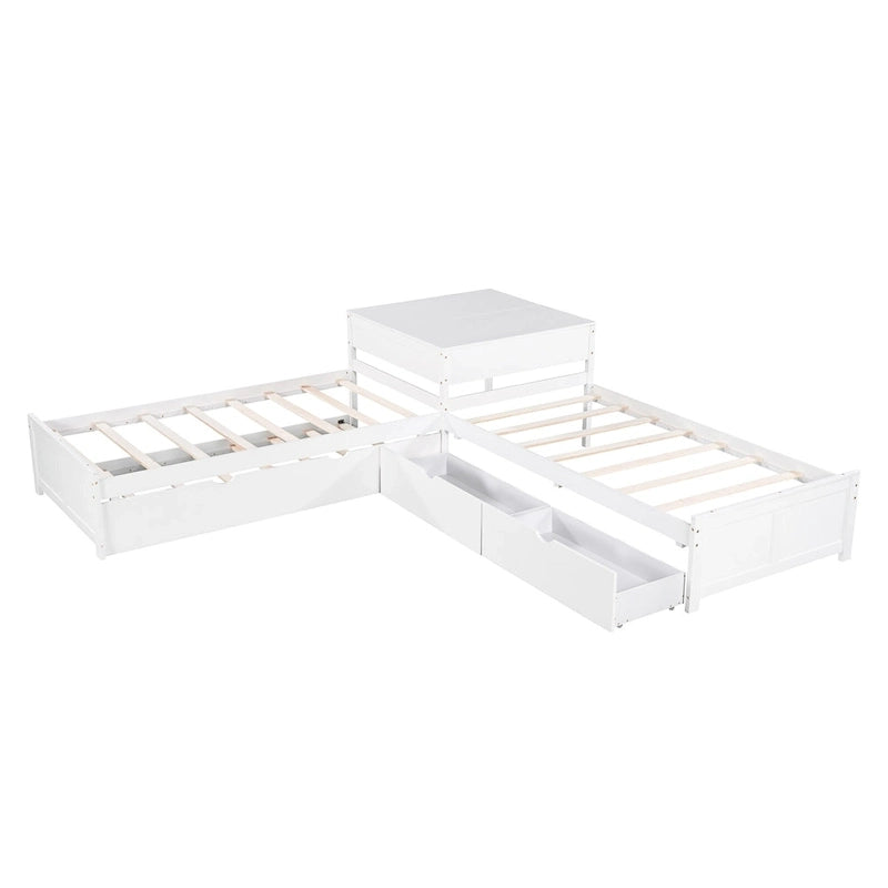 Lit superposé jumeau en bois massif blanc en forme de L avec lit gigogne, table intégrée et 2 tiroirs – 3 couchages