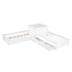 Lit superposé jumeau en bois massif blanc en forme de L avec lit gigogne, table intégrée et 2 tiroirs – 3 couchages