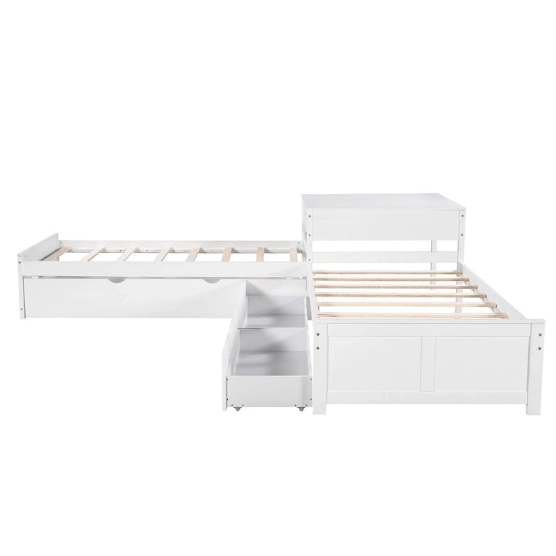 Lit superposé jumeau en bois massif blanc en forme de L avec lit gigogne, table intégrée et 2 tiroirs – 3 couchages